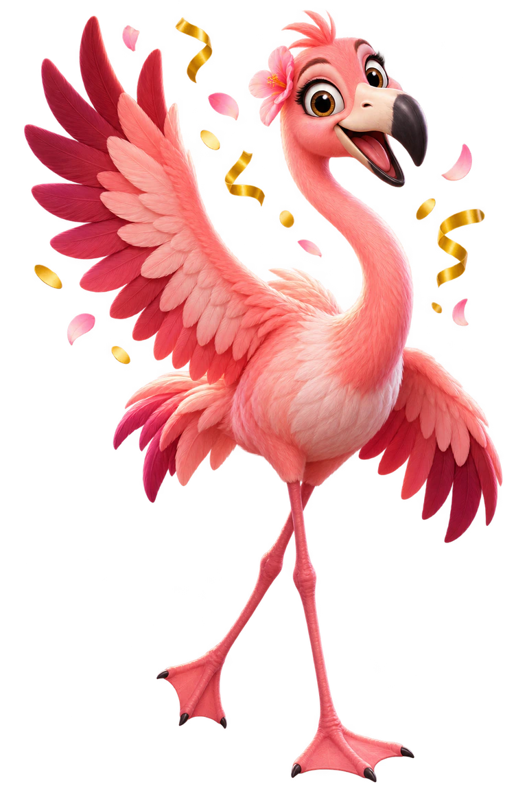 A smiling flamingo celebrates your win.