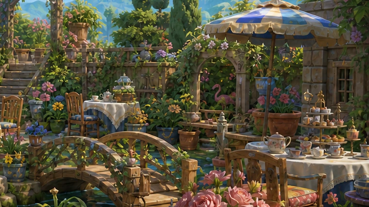 A garden tea party scene with a flamingo standing among the flowers.
